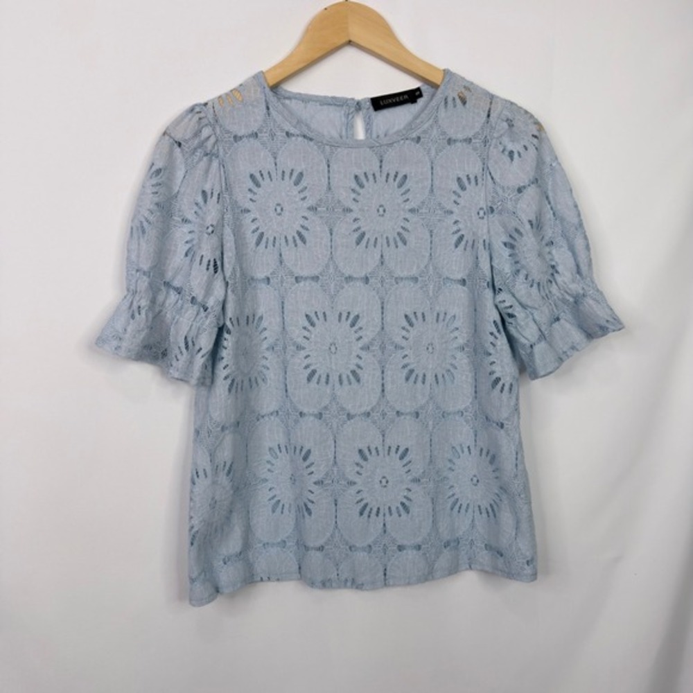 LUXVEER Lace Blouse Women Size‎ S Blue - Picture 2 of 8